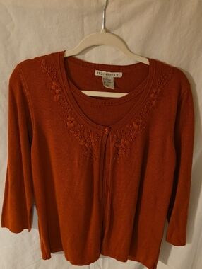Requirements Rust Orange Floral-Embroidered Cardigan Sweater